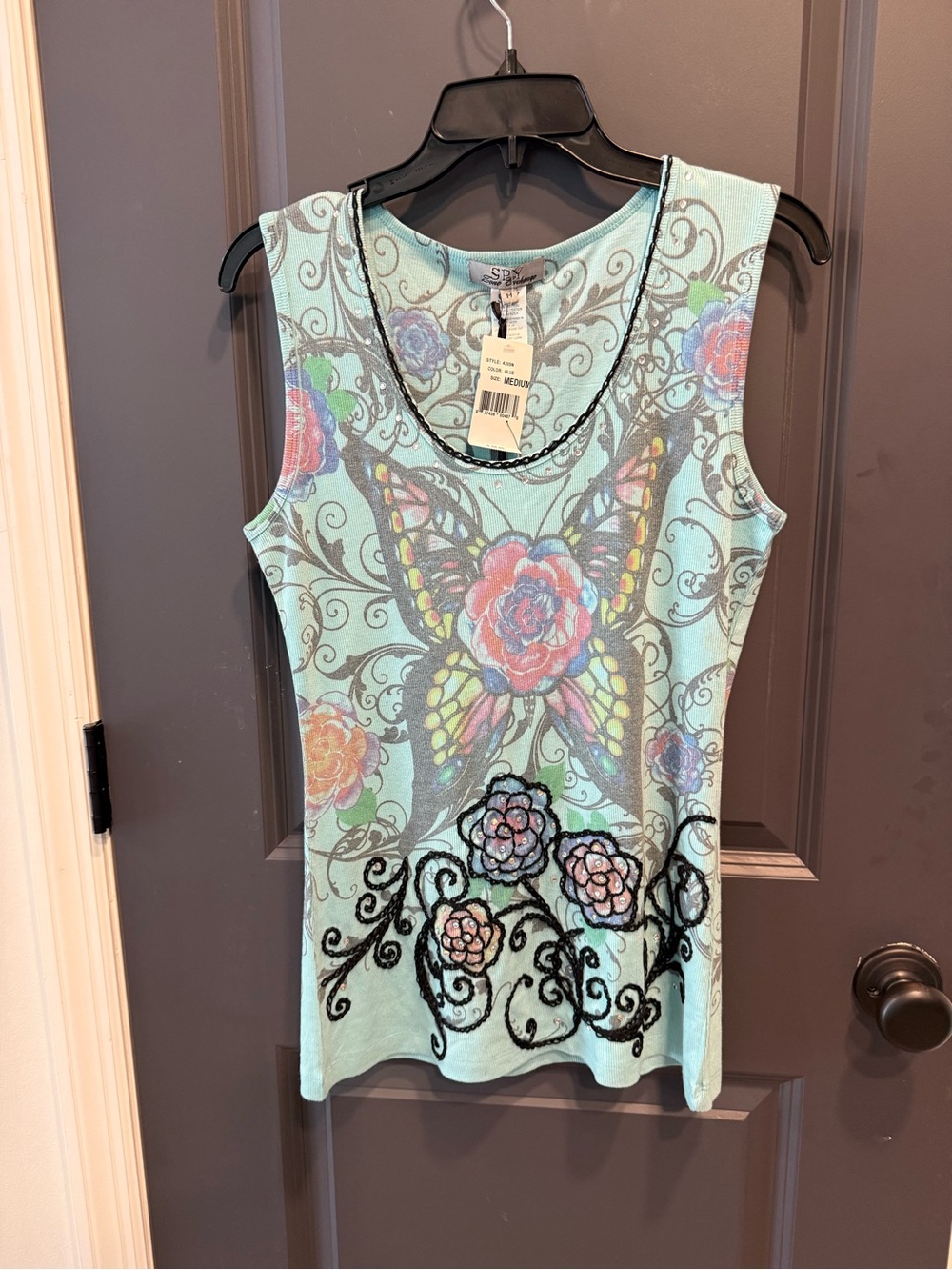 SPY Mint Butterfly & Floral Embroidered Tank